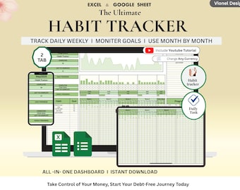 Habit Tracker Google Sheets Template | Minimalist Daily Routine & Productivity Planner | Simple Goal Tracking Dashboard