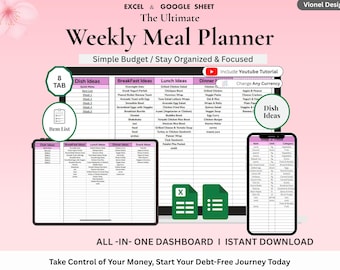 Weekly Meal Planner Google Sheets | Auto Grocery List, Meal Prep & Grocery Tracker | Editable Family Food Planner Spreadsheet