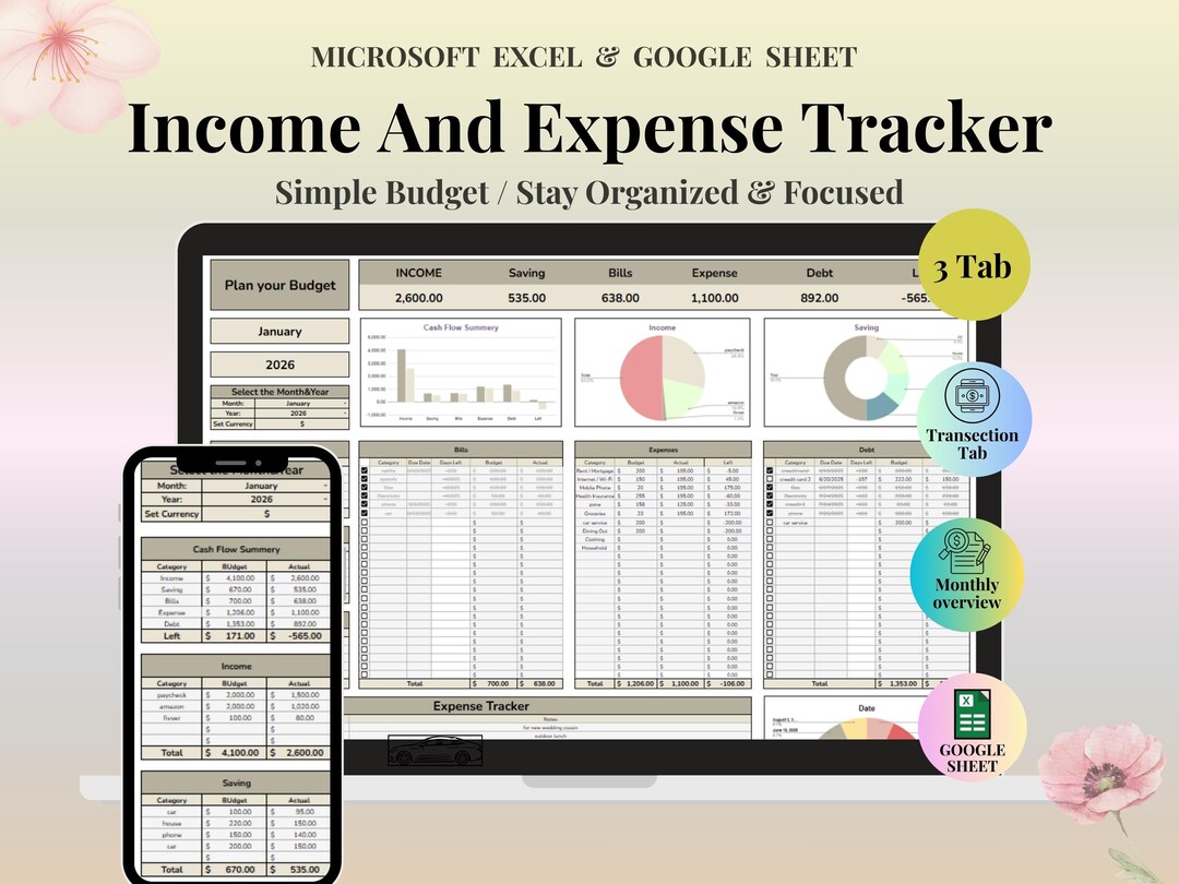 Income & Expense Tracker Spreadsheet | Monthly Weekly Budget Planner ...