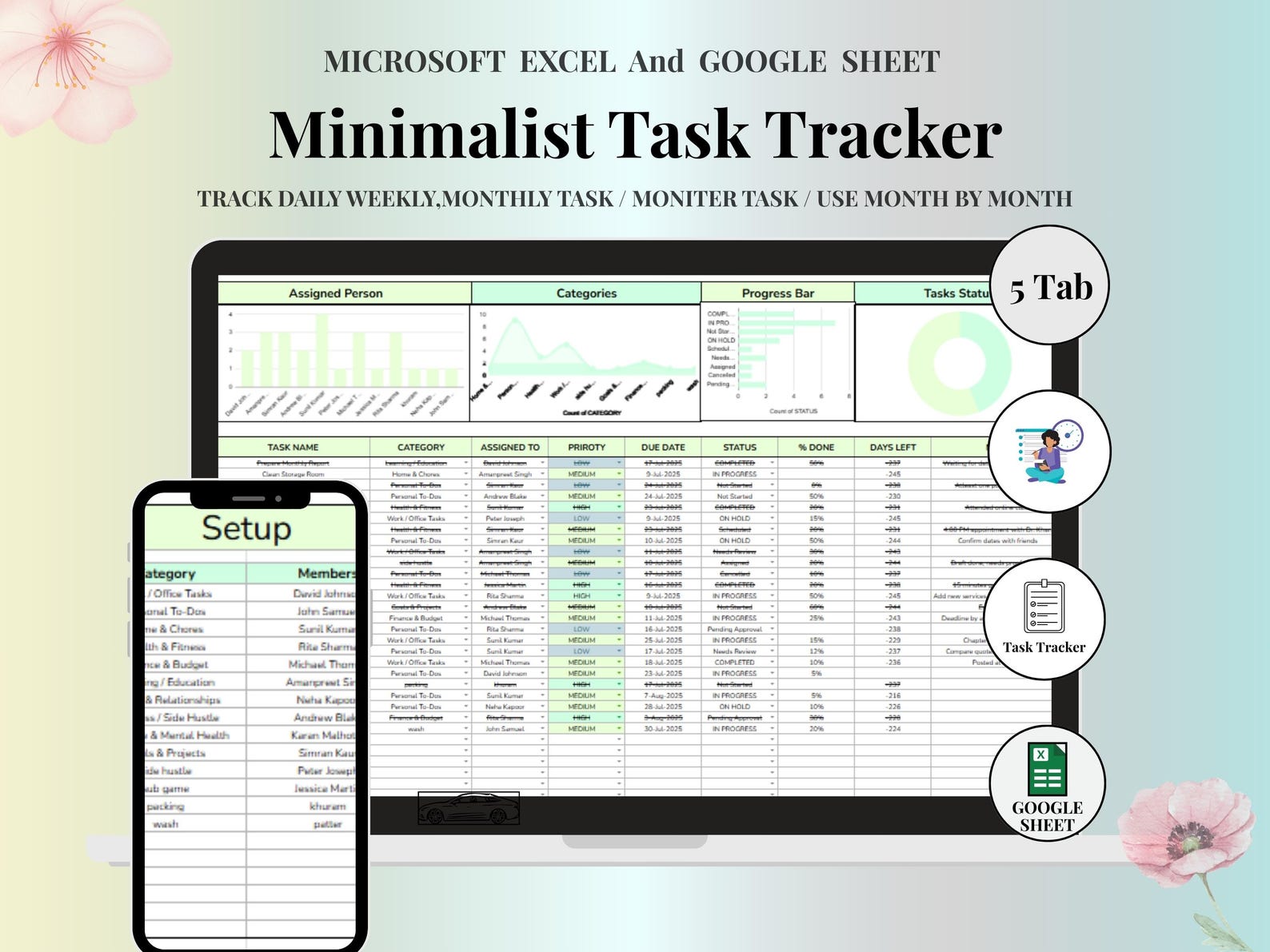 Minimalist Task Tracker Google Sheets Template | Simple Daily To-do ...