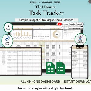Könnte beinhalten: Digitale Task-Tracker-Vorlage für Excel und Google Sheets. Das Design umfasst ein Dashboard, einen Monatskalender und eine Einrichtungsanleitung. Zu den Funktionen gehören einfaches Budgetieren, Organisiert-Bleiben und ein YouTube-Tutorial. Der Text lautet: "The Ultimate Task Tracker."