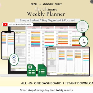 Weekly Planner Template | Editable Excel & Google Sheets Schedule | Printable Digital Productivity Planner | Instant Download