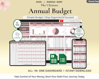Annual Budget Spreadsheet for Google Sheets & Excel | Yearly Budget Planner, Expense Tracker, Money Management, Digital Finance Template