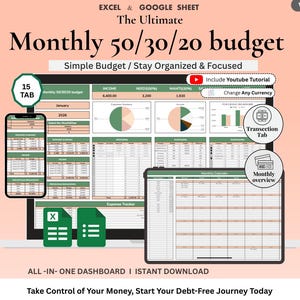 Puede incluir: Una plantilla de hoja de cálculo digital para la presupuestación mensual, con un desglose presupuestario 50/30/20. El diseño incluye gráficos y una vista de calendario. El texto incluye "Monthly 50/30/20 budget", "Simple Budget" y "Take Control of Your Money".