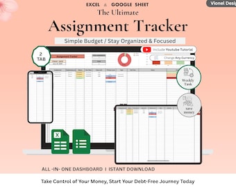 Assignment Tracker Spreadsheet for Google Sheets & Excel | Student Planner, Homework Organizer 2026  l  Task Management Tool