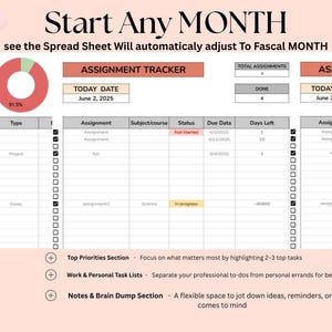 May include: A digital spreadsheet template titled "Start Any Month." It features assignment tracking, priority levels, and a progress chart. The text includes "June 2, 2025" and descriptions for task management, designed for efficient organisation.