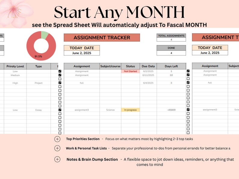 May include: A digital spreadsheet template titled "Start Any Month." It features assignment tracking, priority levels, and a progress chart. The text includes "June 2, 2025" and descriptions for task management, designed for efficient organisation.