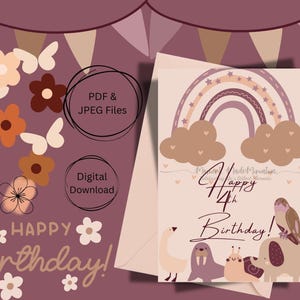 Karte zum 4.Geburtstag für Kinder | Niedliche Tier Geburtstagskarte für Sohn oder Tochter | Pastell Regenbogen Karte für Kleinkinder | Digitaler Download