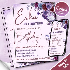 Modèle modifiable d'invitation d'anniversaire de fleurs violettes et rouges, invitation de fête imprimable pour les filles, fichier d'invitation de 13e anniversaire à téléchargement immédiat