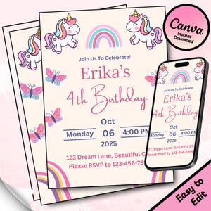 Modello modificabile per invito di compleanno con unicorno arcobaleno carino, modello stampabile per invito alla festa con farfalla arcobaleno pastello per ragazze, biglietto per festa del 4° compleanno