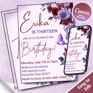 Modèle modifiable d'invitation d'anniversaire de fleurs rouges et violettes, invitation de fête imprimable pour les filles, fichier d'invitation de 13e anniversaire à téléchargement immédiat