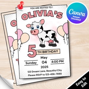 Bearbeitbare Cartoon Baby Kuh Geburtstagseinladung Vorlage Druckbare niedliche Farm Animal Party Card für Mädchen und Jungen 5