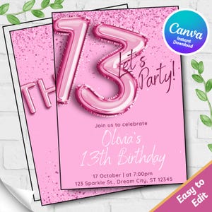 Modèle modifiable d'invitation à une fête d'anniversaire de 13 ans ballon rose pour les filles Carte d'anniversaire numérique pour enfant avec confettis roses à imprimer
