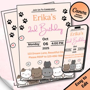 Bearbeitbare süße Kitty und Katzen Thema Geburtstagseinladung Vorlage Druckbare Pastell Kätzchen Geburtstagsparty Digitale Einladung für Mädchen 2 Geburtstag