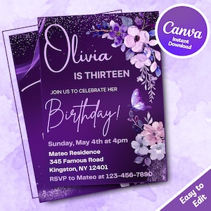 Bearbeitbare Lila Blumen Geburtstagseinladung Vorlage für Frauen Druckbare Party Einladen für Mädchen Digital 13.Geburtstag Lila Lädt für Kinder ein
