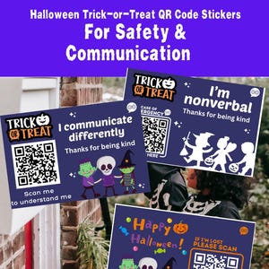 Könnte beinhalten: Halloween-QR-Code-Aufkleber für Trick-or-Treating. Die Aufkleber zeigen Halloween-Grafiken, Text und QR-Codes für Sicherheit und Kommunikation. Designs beinhalten "Happy Halloween" und "I'm nonverbal."