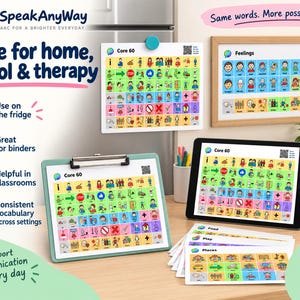 May include: A collection of SpeakAnyWay communication boards featuring Core 60 and Feelings grids with colorful icons. The set includes a magnetic board, a clipboard, a tablet display, and printed cards, all designed to support daily communication.