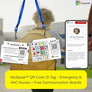May include: Clear plastic ID tag with blue lanyard, featuring emergency information and QR codes. Includes communication boards and the text "MySpeak QR Code ID Tag - Emergency & AAC Access | Free Communication Boards."