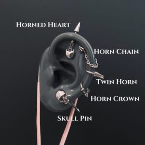 May include: A gray ear model displaying silver-toned piercings labeled as Horned Heart, Horn Chain, Twin Horn, Horn Crown, and Skull Pin. The jewelry features spikes, chains, and skull motifs. The text labels are clearly visible next to each piece.