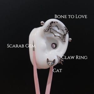 May include: A selection of ear piercings displayed on a white ear model. The piercings include a silver bar with a web design, a small pink gem, a cat-shaped stud, and a claw ring. Text on the image reads "BONE TO LOVE", "SCARAB GEM", "CLAW RING", and "CAT".