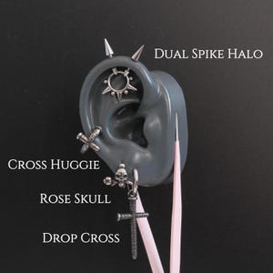 Thorn Relic｜Gothic Ear Stack Set｜Spike Halo Cartilage Piercing｜Cross Huggie｜Skull Hoop with Rose｜Drop Cross Earring｜Edgy Punk Jewelry