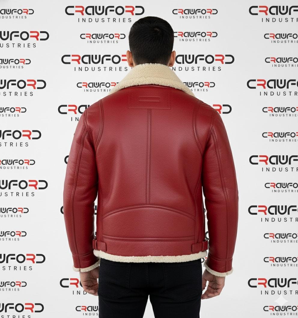 Men's Red Shearling Leather Jacket – Winter Aviator Pilot Coat