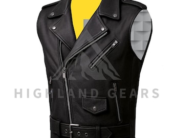 May include: Black leather vest with a classic biker jacket design. Features include an asymmetrical zipper closure, multiple zippered pockets, a snap-down collar, and a belt with a buckle. The vest has the text "HIGHLAND GEARS" printed on the bottom.