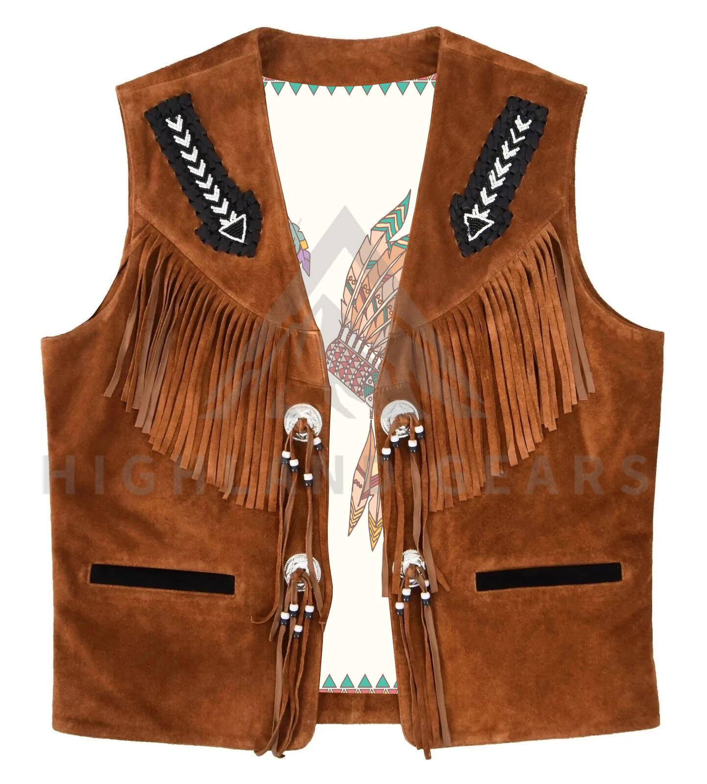 Gilet Indiano Con Frange Da Uomo – Marrone, Taglia Unica, In Poliestere