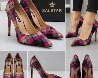 Macmillan zwarte pumps met gedempte tartan ruitprint en hoge hakken, Schotse stilettohakken met spitse neus, elegante feesthakken voor dames