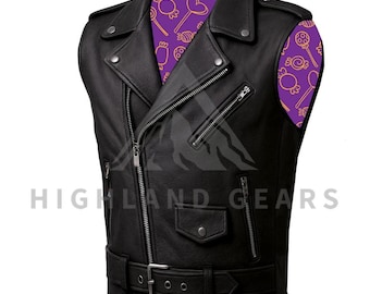 May include: Black leather motorcycle vest with a classic asymmetrical zip closure, snap-down lapels, and a belt at the waist. The interior lining features a purple pattern with orange lollipops. The text "HIGHLAND GEARS" is visible at the bottom.