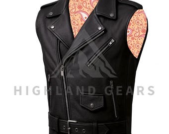 May include: Black leather motorcycle vest with a notched collar, asymmetrical zipper closure, and a belt at the waist. The vest features multiple zippered pockets and a paisley patterned lining. The text "HIGHLAND GEARS" is printed at the bottom.