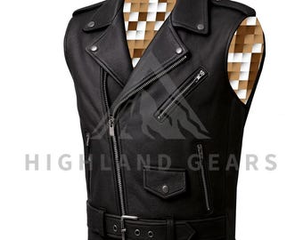 May include: Black leather motorcycle vest with a notched collar, asymmetrical zipper closure, and multiple zippered pockets. Features a belt with a buckle at the waist. The text "HIGHLAND GEARS" is printed on the bottom.