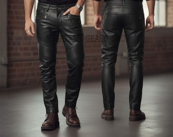 Pantalon de motard en cuir noir véritable pour hommes- leren broek- leren spijkerbroek- pantalon en cuir- vaqueros de cuero jean en cuir- pantalon nouvelle mode