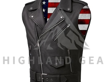 May include: Black leather vest with a classic biker jacket design. Features a zippered front, multiple pockets, and a belt at the waist. The interior lining displays an American flag design. The text "HIGHLAND GEAR" is printed at the bottom.