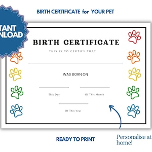 Certificado de nacimiento de cachorro - Certificado de nacimiento de mascota imprimible de descarga instantánea - Plantilla de certificado personalizado para cachorros y gatitos