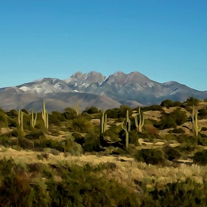 Desert Winters - Cactus and Four Peaks, Mesa Arizona - Photo for Canvas print  - Watercolor Effect