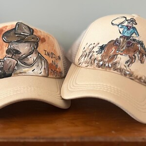 Hand-painted Western Trucker Hat – Punchy Cowboy Rodeo Art  display picture 3
