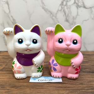Może przedstawiać: Dwie ceramiczne figurki Maneki Neko. Jedna jest biała z fioletowymi i różowymi akcentami, druga różowa z zielonymi akcentami. Oba koty mają podniesione łapy, niebieskie oczy i kwiatowe wzory. Słowo "Contrail" jest wydrukowane na białej etykiecie.
