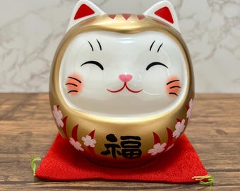 猫だるま 陶器 招き猫 金桜貯金箱 薬師窯 14cm