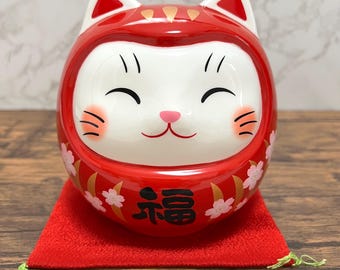 Neko Daruma Pottery Lucky Cat Red Cherry Blossom Piggy Bank Yakushigama 14cm