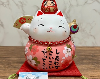 Maneki Neko Daruma Pottery Lucky Cat Pink Cherry Blossom Piggy Bank Yakushigama