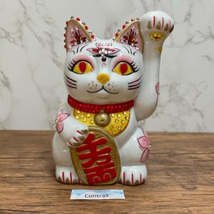 Maneki Neko Beckoning Lucky Cat Seto Ware Pottery Red Piggy Bank Gorgeous Cat Japanese Craft