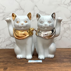 Maneki Neko Beckoning Lucky Cat Seto Ware Porcelain Pair Gold & Platinum 18cm Made in Japan