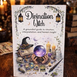 May include: A book titled Divination Witch: A grounded guide to intuition, interpretation, and honest insight. The cover features a purple crystal ball, a witch hat, an open book, a skull, candles, tarot cards, and a wand, all framed by lanterns.