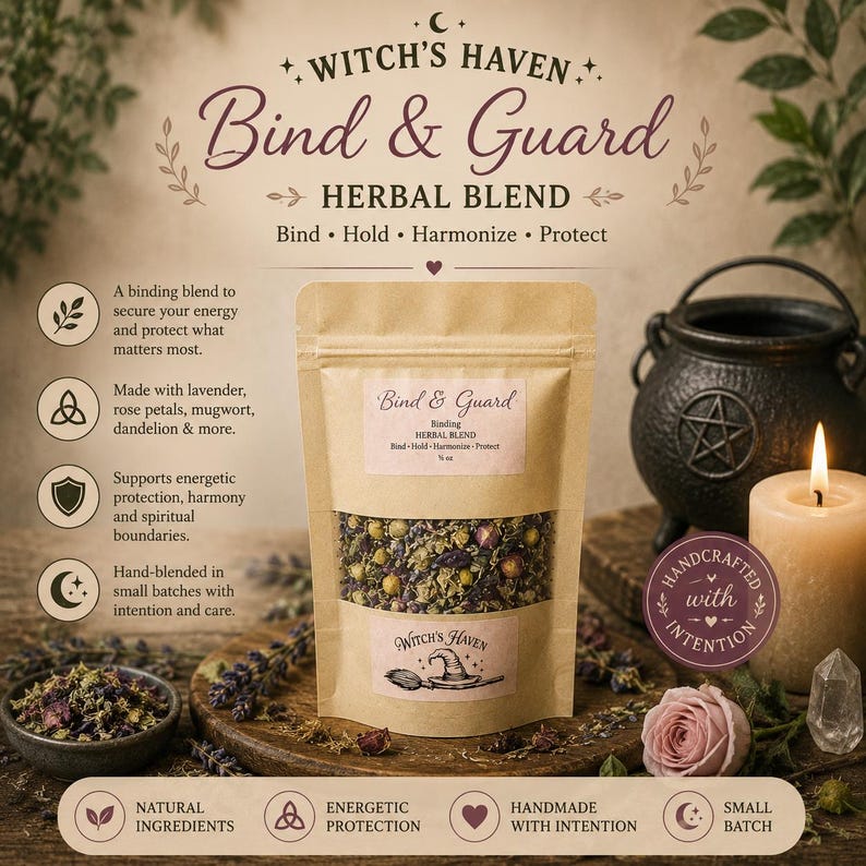 K&ouml;nnte beinhalten: Ein Kraftpapierbeutel mit der Kr&auml;utermischung "Bind & Guard", mit Text und einem Hexenhut-Logo. Das Bild zeigt eine brennende Kerze, einen Kessel und eine Rose. Der Text beschreibt den Zweck der Mischung: Energie sichern und sch&uuml;tzen, was am wichtigsten ist.
