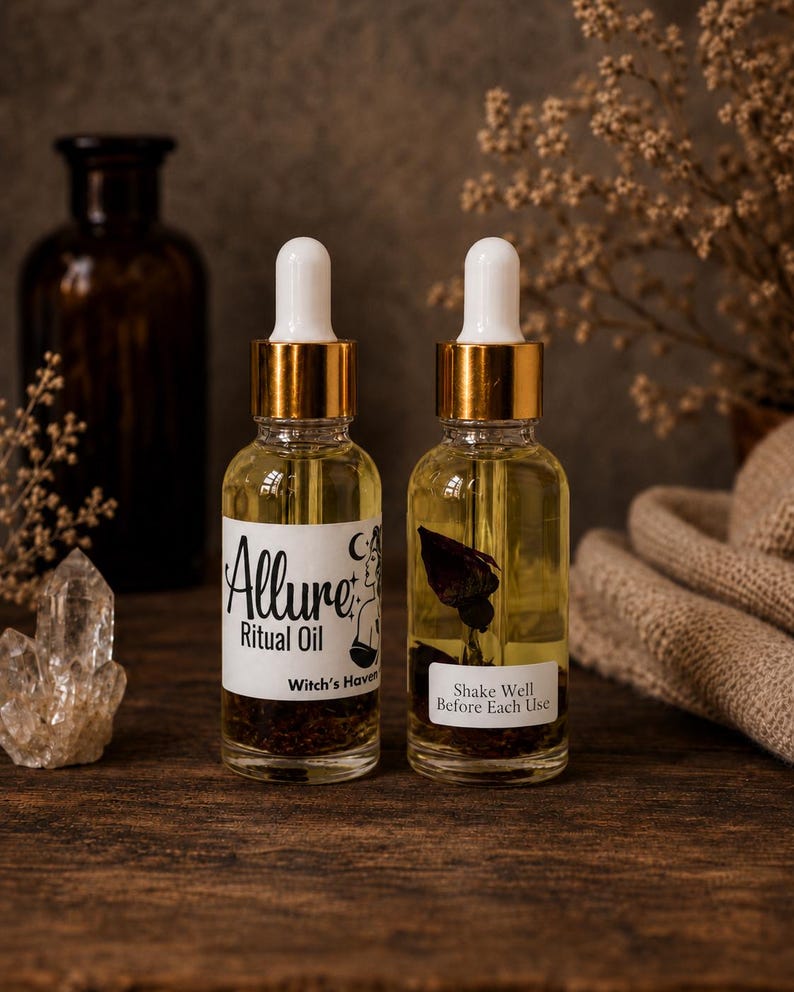 Puede incluir: Dos frascos cuentagotas de vidrio transparente con l&iacute;quido amarillo y elementos bot&aacute;nicos. La etiqueta izquierda dice Allure Ritual Oil Witch's Haven. La derecha dice Shake Well Before Each Use. Ambos frascos tienen cuellos dorados y tapas blancas.