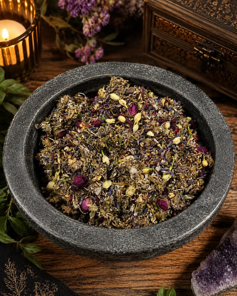 K&ouml;nnte beinhalten: Eine dunkelgraue Steinschale gef&uuml;llt mit einer Mischung aus getrockneten Kr&auml;utern, Bl&uuml;ten und Knospen. Die Mischung enth&auml;lt lila Lavendel, rosa Rosenknospen und gr&uuml;ne Bl&auml;tter. Die Schale steht auf einer Holzoberfl&auml;che, mit einer brennenden Kerze und dekorativen Gegenst&auml;nden im Hintergrund.
