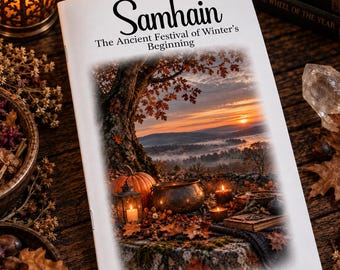 Könnte beinhalten: Ein Softcover-Buch mit dem Titel Samhain: The Ancient Festival of Winter's Beginning. Das Cover zeigt ein zentrales Bild eines Sonnenuntergangs über einer nebligen Landschaft, einen Kürbis, einen Kessel und Kerzen.