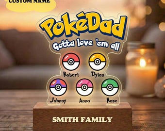 Lámpara de noche personalizada PokeDad, tablero de acrílico y madera Pikachu Eevee para el Día del Padre, decoración de dormitorio con personajes de anime Pokémon, regalo para papá.
