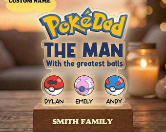Lámpara de noche personalizada PokeDad, tablero de acrílico y madera Pikachu Eevee para el Día del Padre, decoración de dormitorio con personajes de anime Pokémon, regalo para papá.